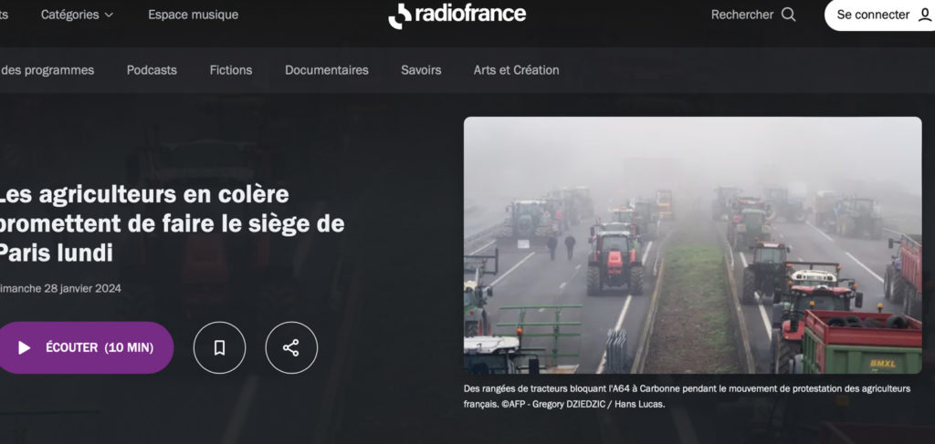 Publication le 29 janvier 2024 dans le site internet de Radio France sur le barrage des agricultureurs à Carbonne.