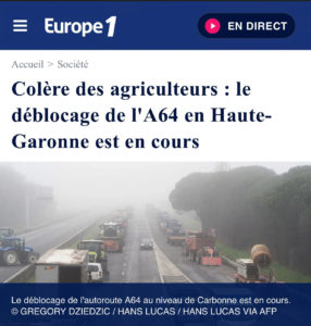 Publication le 27 janvier 2024 sur le site internet d'Europe 1 : le barrage des agricultureurs à Carbonne.