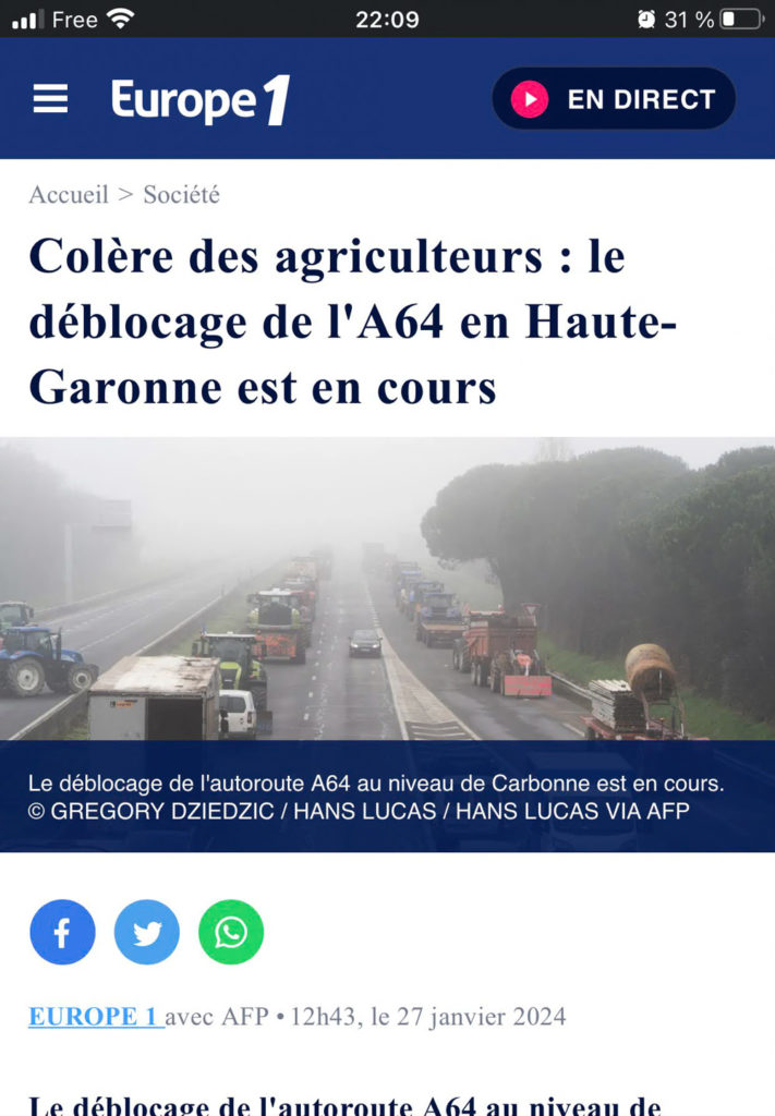 Publication le 27 janvier 2024 sur le site internet d'Europe 1 sur le barrage des agricultureurs à Carbonne.